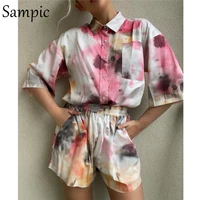 sampic tie dye print 2021 lounge wear traksuit women summer shorts set casual plaid shirt tops and mini shorts two piece set