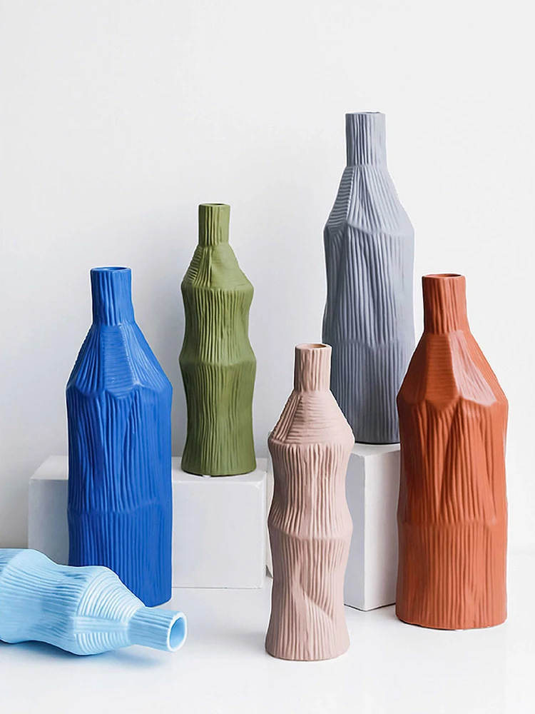 

Nordic Solid Color Special-Shaped Striped Olive Green Ceramic Vase Model Room Desktop Furnishings Home Decoration Ornaments