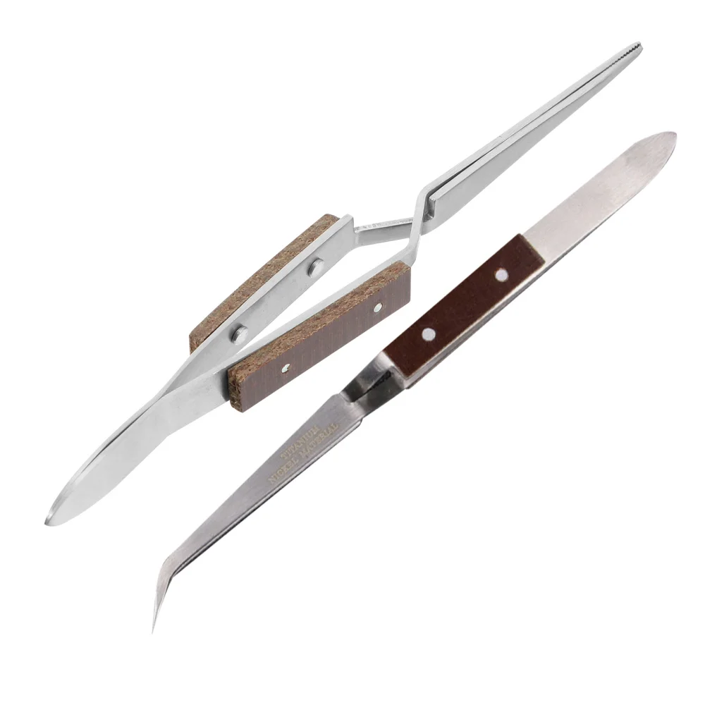 

2pcs Cross Lock Solder Tweezers Wooden Grip Curved and Straight Tweezers