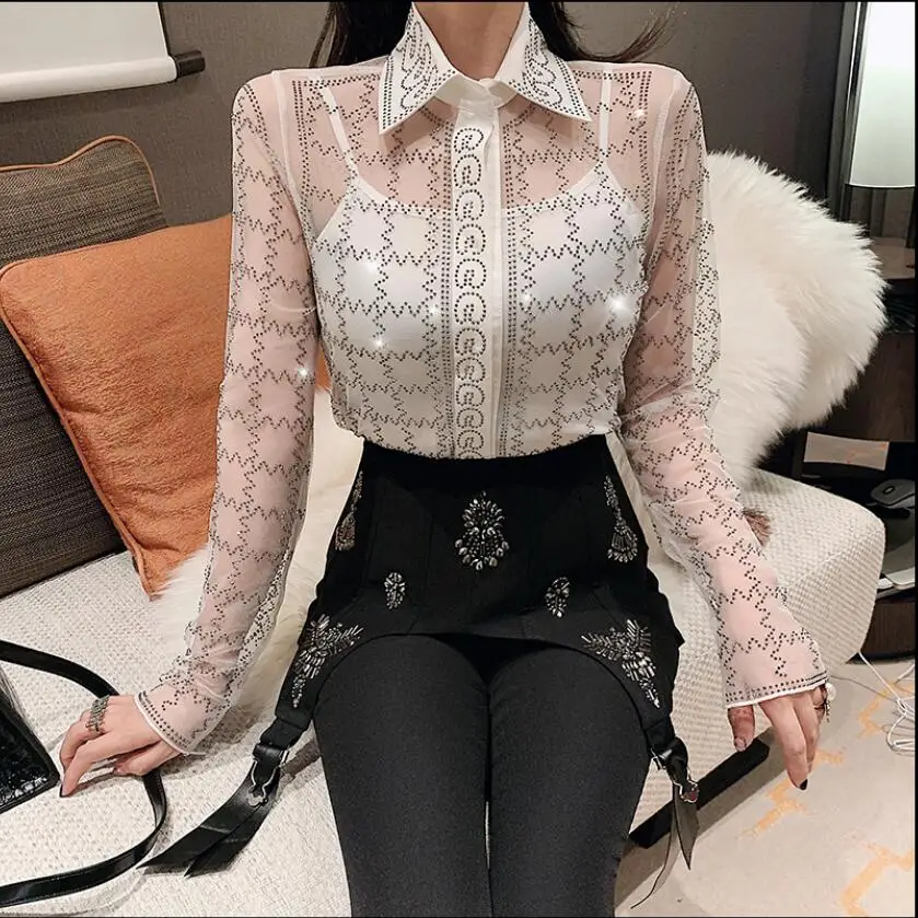 2020 новая весенняя рубашка с длинным рукавом и подтяжками сексуальная сетчатая