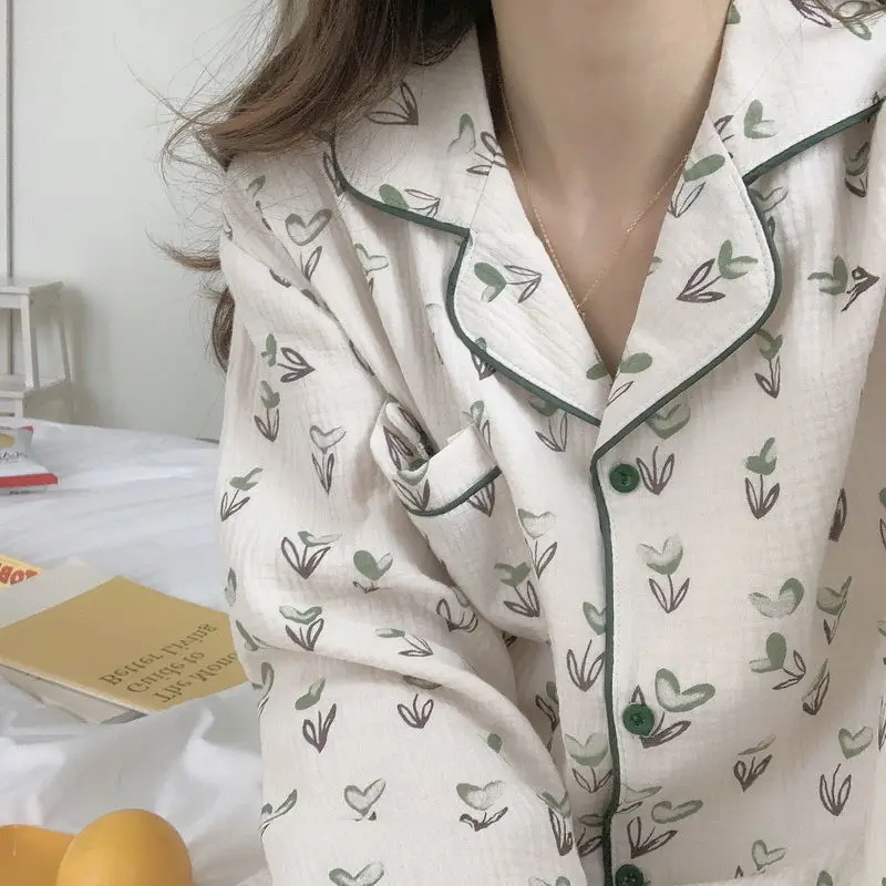 QWEEK Cotton Yarn Pajamas Sets 2 Piece Korean Homewear Autumn Sleepwear Kawaii Heart Sapling Print Pijamas Female Loungwear Suit