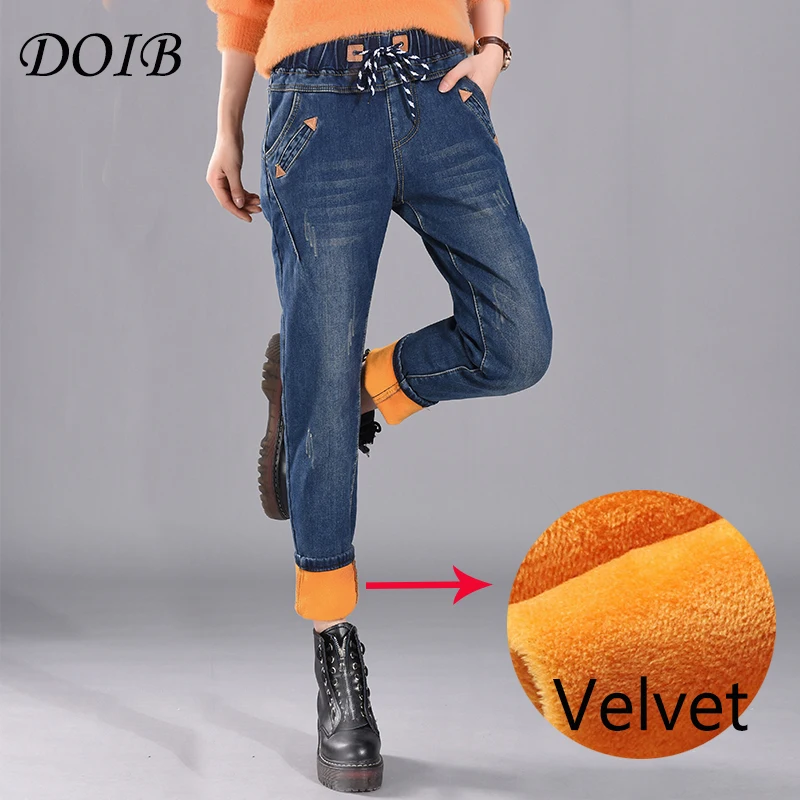 Женские теплые джинсы с флисовой подкладкой DOIB синие ковбойские бархатные
