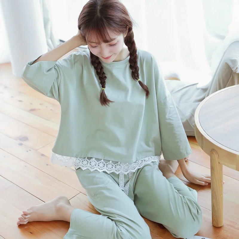 Женская футболка с длинными рукавами и штаны домашний костюм кружевной вышивкой