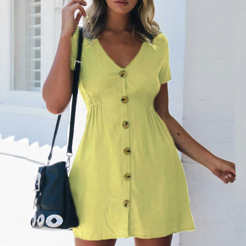 

Women's Dress 2021 Spring Summer Pure Color Single Row Buttons V-Neck Cultivate One's Morality High-Waisted Leisure Dress