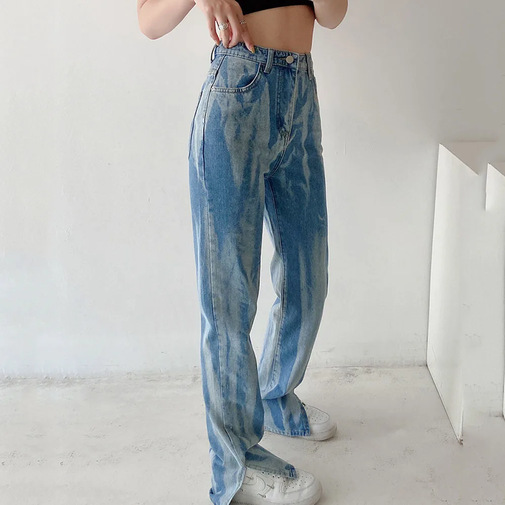 

Осенние свободные джинсовые брюки Tie dye для женщин прямые синие широкие брюки с высокой талией женские весенние Стильные брюки с разрезом 2022