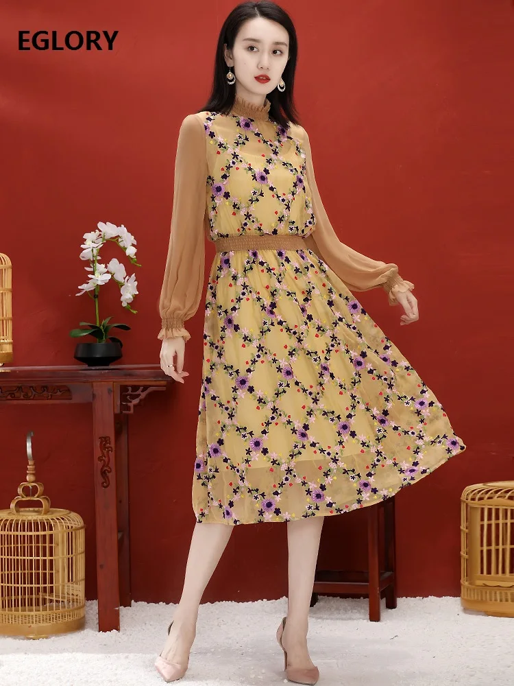 Женское платье с длинным рукавом черное желтое рюшами и вышивкой большие размеры