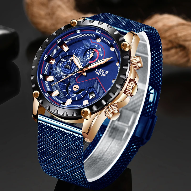 Часы наручные LIGE мужские с синим сетчатым браслетом деловые повседневные