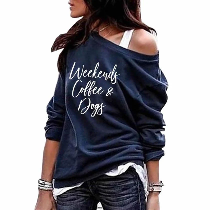 

For Women Coffee Dogs Letters Print Round Neck Shoulder Hoodies Tops Women Sweatshirts Femmes Casual Thick Corduroy Pattern