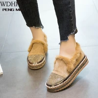 warm real mink fur shoes women luxury crystal hand stitching leather winter shoes woman slip on platform womens sneakers