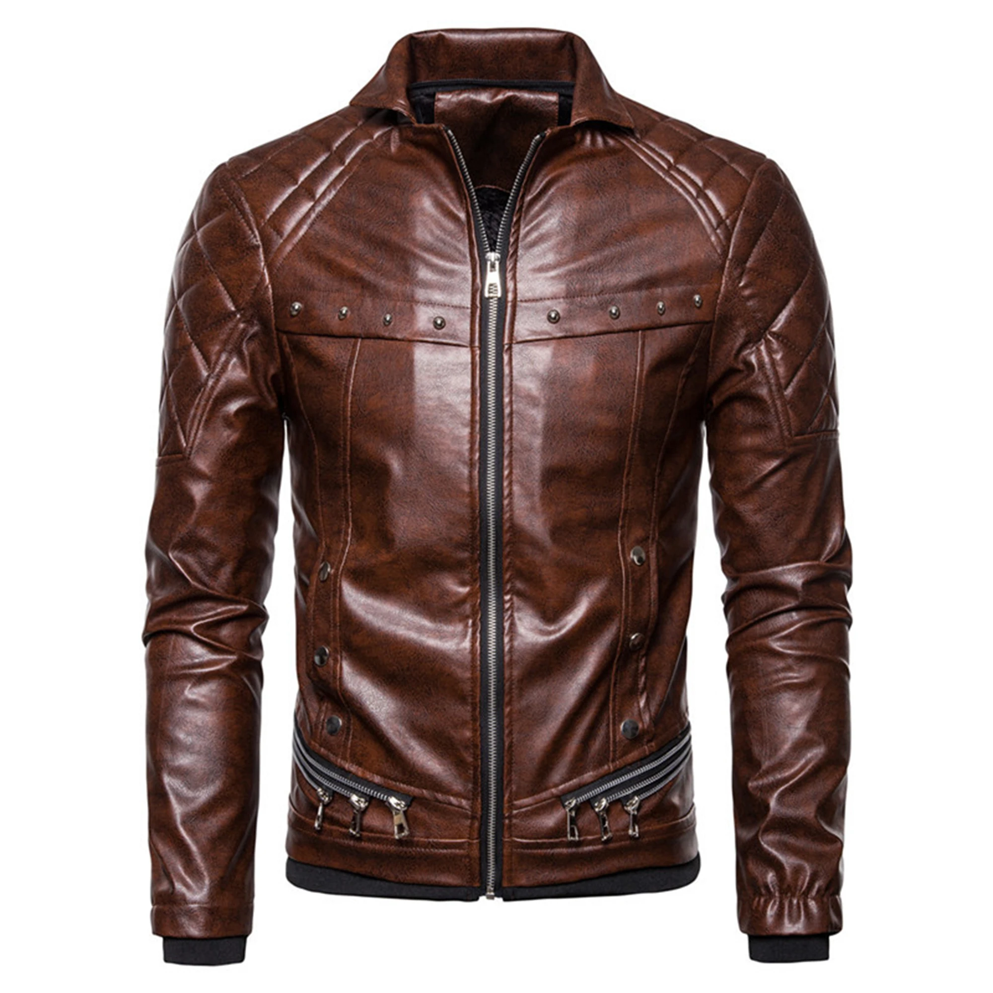 

Men Retro Removable Fur Collar PU Zipper Jacket Slim Fit Motorcycle Rivet Leather Jacket Autumn Winter Warm Bomber Military Coat