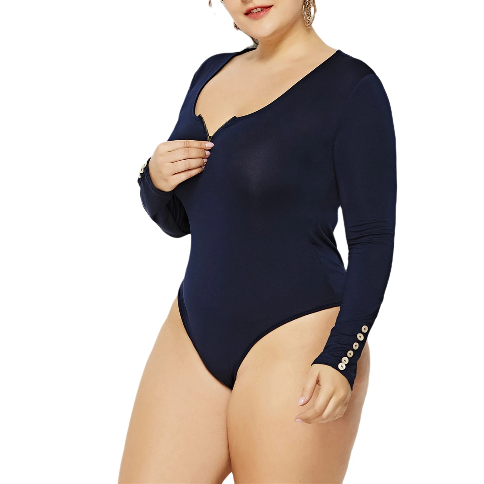 

Women's plus size bodysuit jumpsuit with zipper round neck long sleeve jumpsuit knitted tight sexy suit fashion hot sale 2020