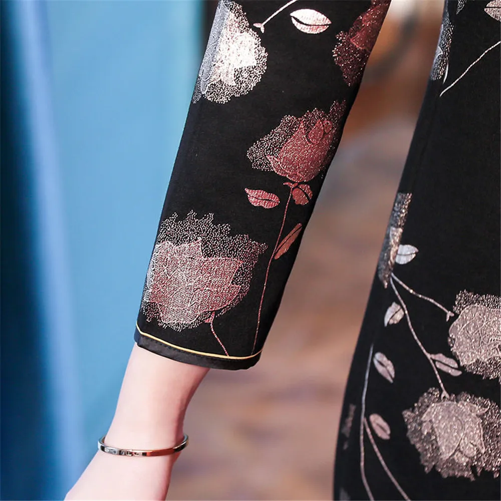 

Plus velvet cheongsam dress mid-length retro Chinese style middle-aged female slim plus size young mothers cheongsam dress