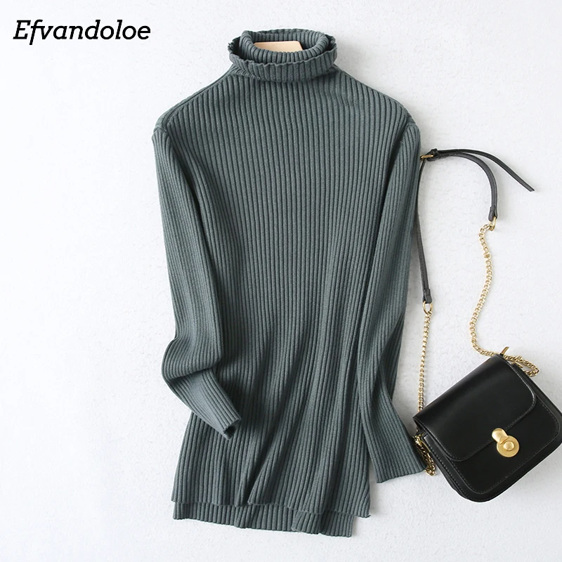 

Женский трикотажный свитер с высоким воротником, однотонный Длинный эластичный пуловер с длинным рукавом, весна-осень 2021