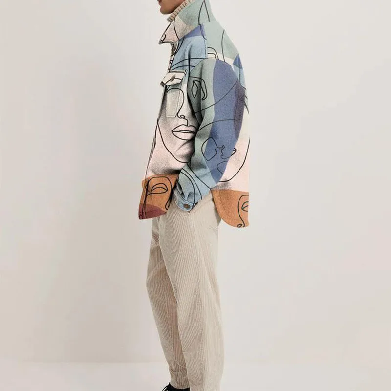 

Spring And Autumn Men Jacket Fashion Casual Lapel Coat for Men and Womens Loose Printed Stitching Male Pockets Jacket WW5034