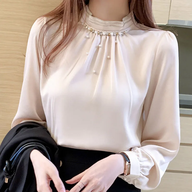 Autumn Long Sleeve Blouse Women Blusas Mujer De Moda 2021 Beading Stand Collar Chiffon Shirt Top Clothes Blusa D537 | Женская одежда