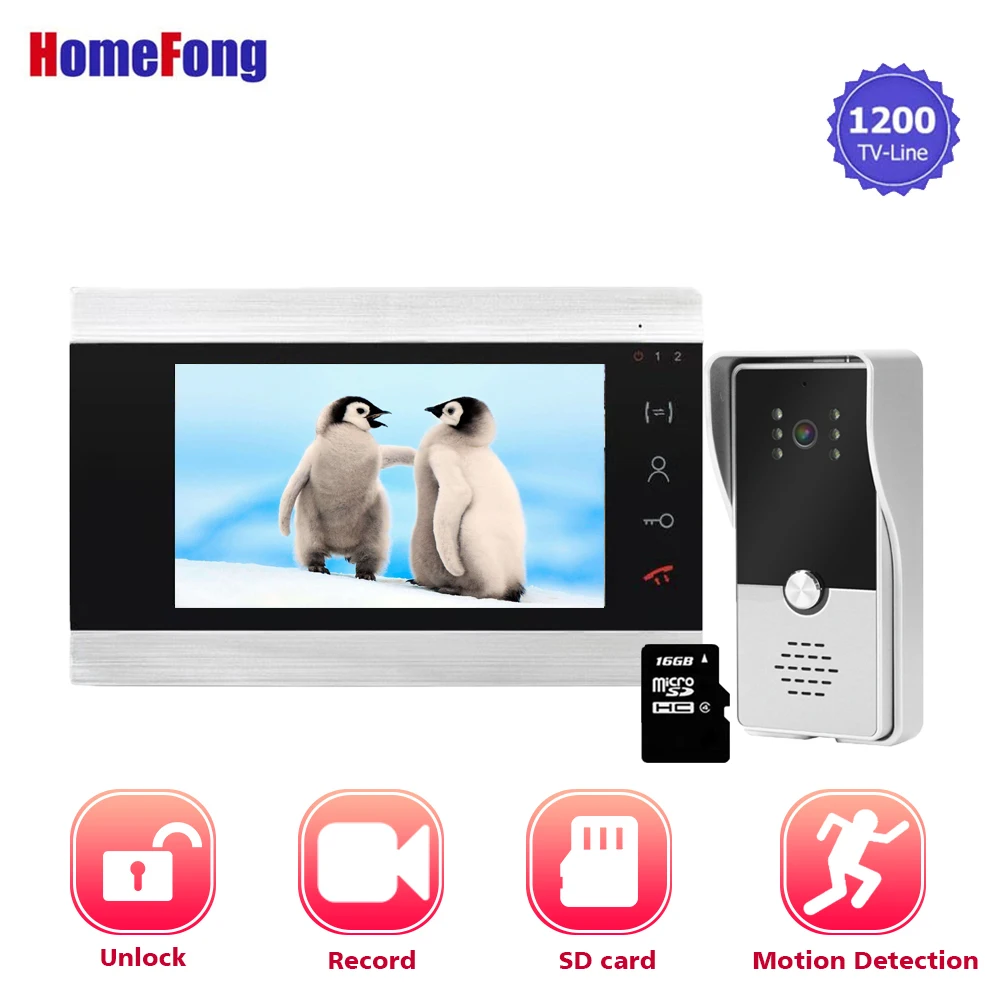 Homefong7 дюймов видео дверной телефон видео дверной звонок домофоны для личного дома запись обнаружения движения SD карта - Цвет: With 16GB SD Card