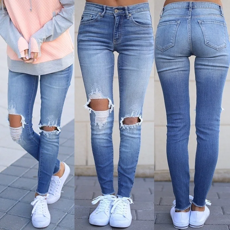 

Mandylandy Jeans Summer Fashion Button Ripped High Waist Denim Pencil Pants Women's Casual Solid Color Slim Stretch Jeans