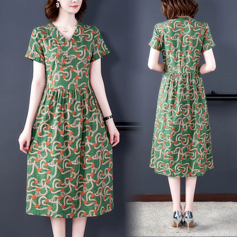 COIGARSAM Cotton Linen Women dress New Spring Dresses Green 1309 | Женская одежда