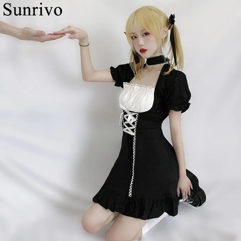 

Summer 2021 Dark Black Puff Sleeve Waist Dress Female Cute Lolita Dress