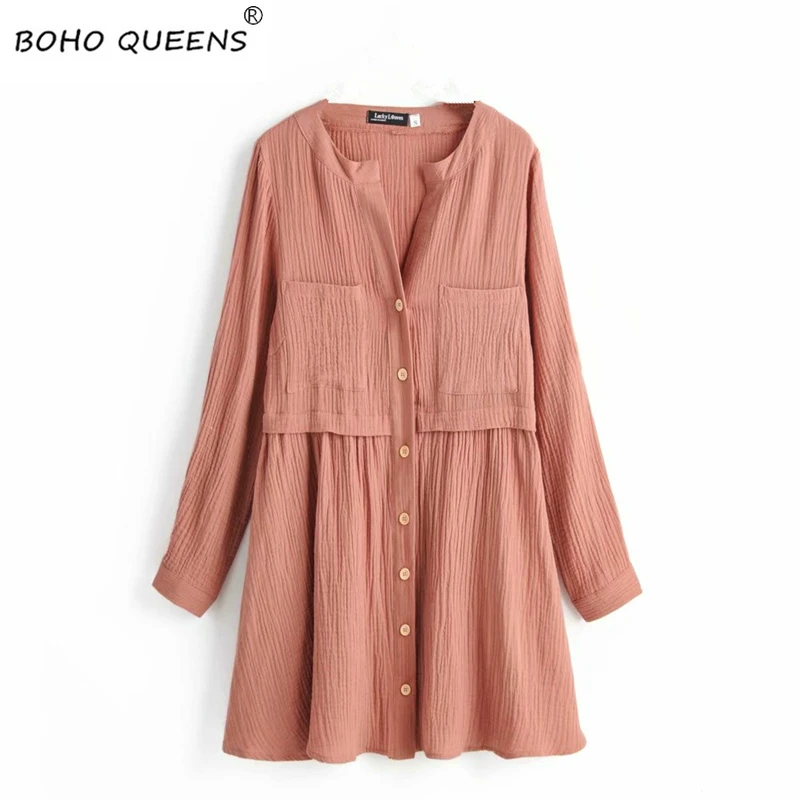 Boho Chic женское пляжное богемное мини-платье с длинным рукавом и v-образным вырезом и двойными карманами