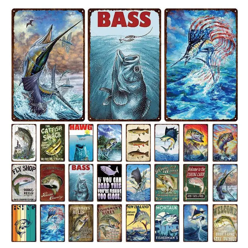 

Fly Fish Tin Sign Bass Vintage Metal Painting Retro Plates Plaque Sign Metal Wall Stickers for Garden Home Fish Shop Decor