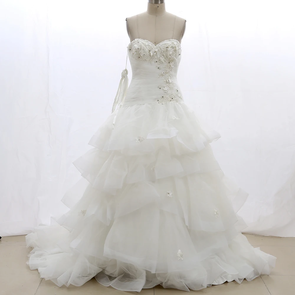 

White L Sexy Women Organza Tiered A-Line Long Crystal Sweetheart Dresses 20210222-057
