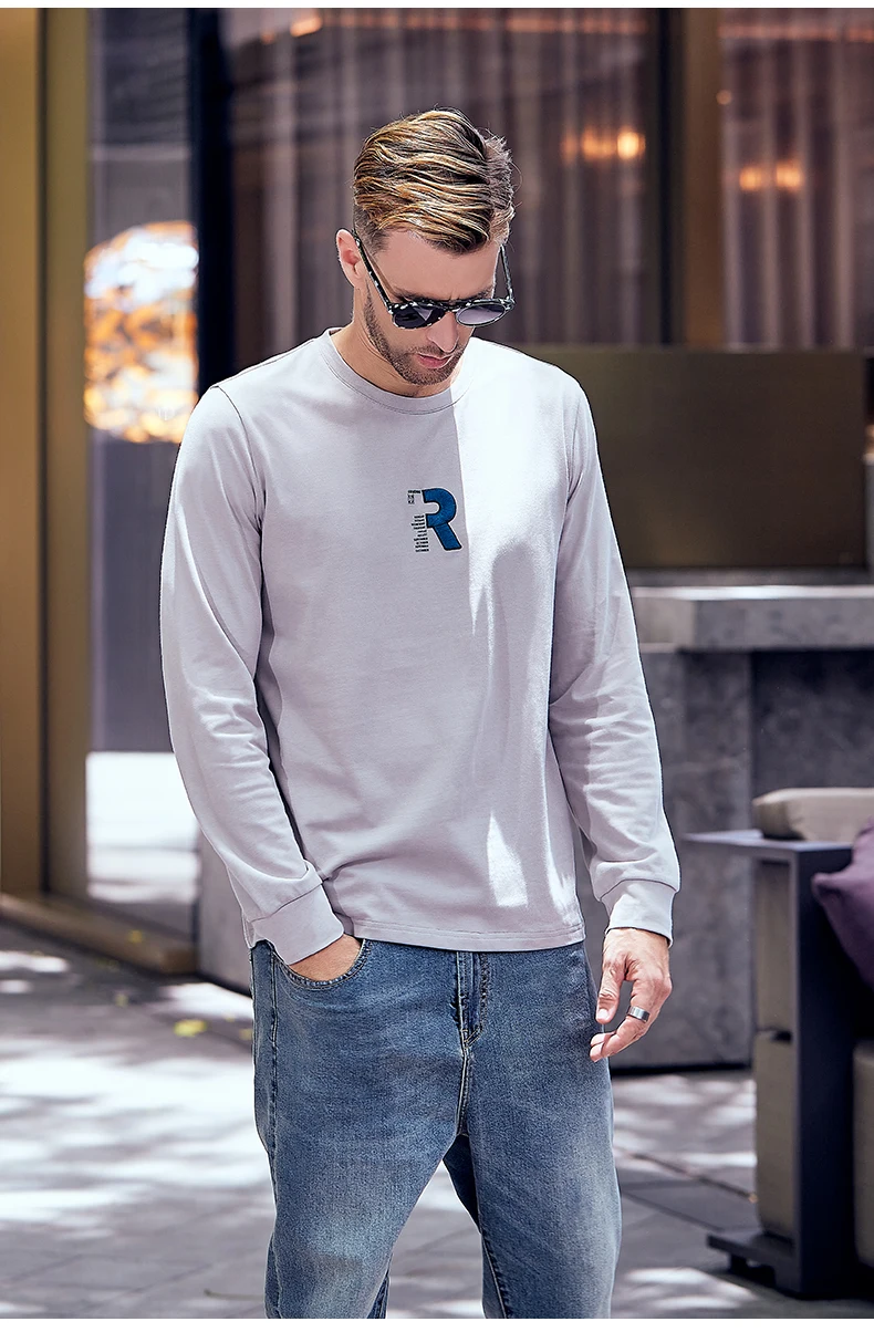 

2517 new spring casual cotton youth trend letter embroidery round neck long-sleeved T-shirt