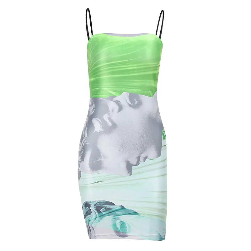 

InstaHot Painting Printed Spaghetti Strap Mini Dress Sexy Streetwear Vintage Slim Ruched Lady Summer Party Club Beach Dress 2021