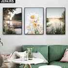 Настенная картина с изображением белых цветов, озер, пляжа, пейзаж, плакат, зеленое растение, холст, картина для украшения гостиной