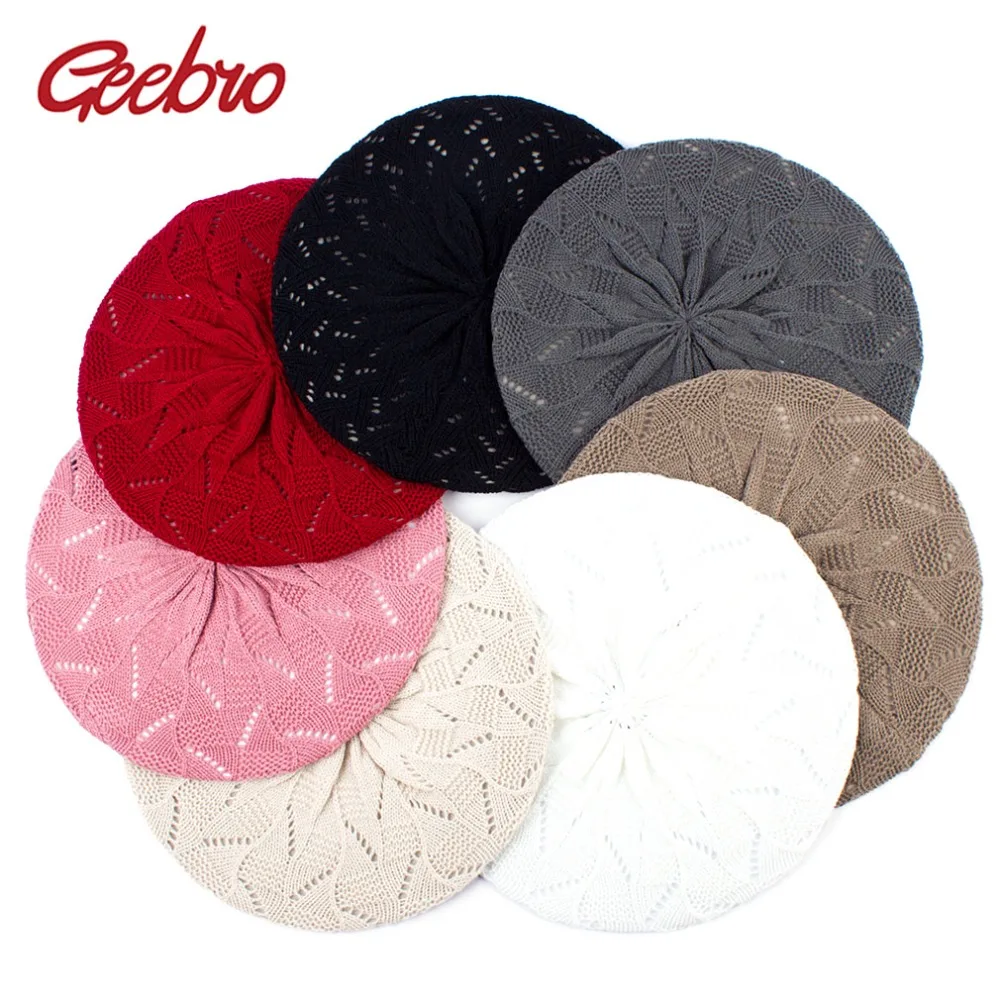 

Geebro French Fashion Solid Color Knitted Berets Ladies Artist Soft Caps Women's Spring New Casual Thin Acrylic Hats Bonnet