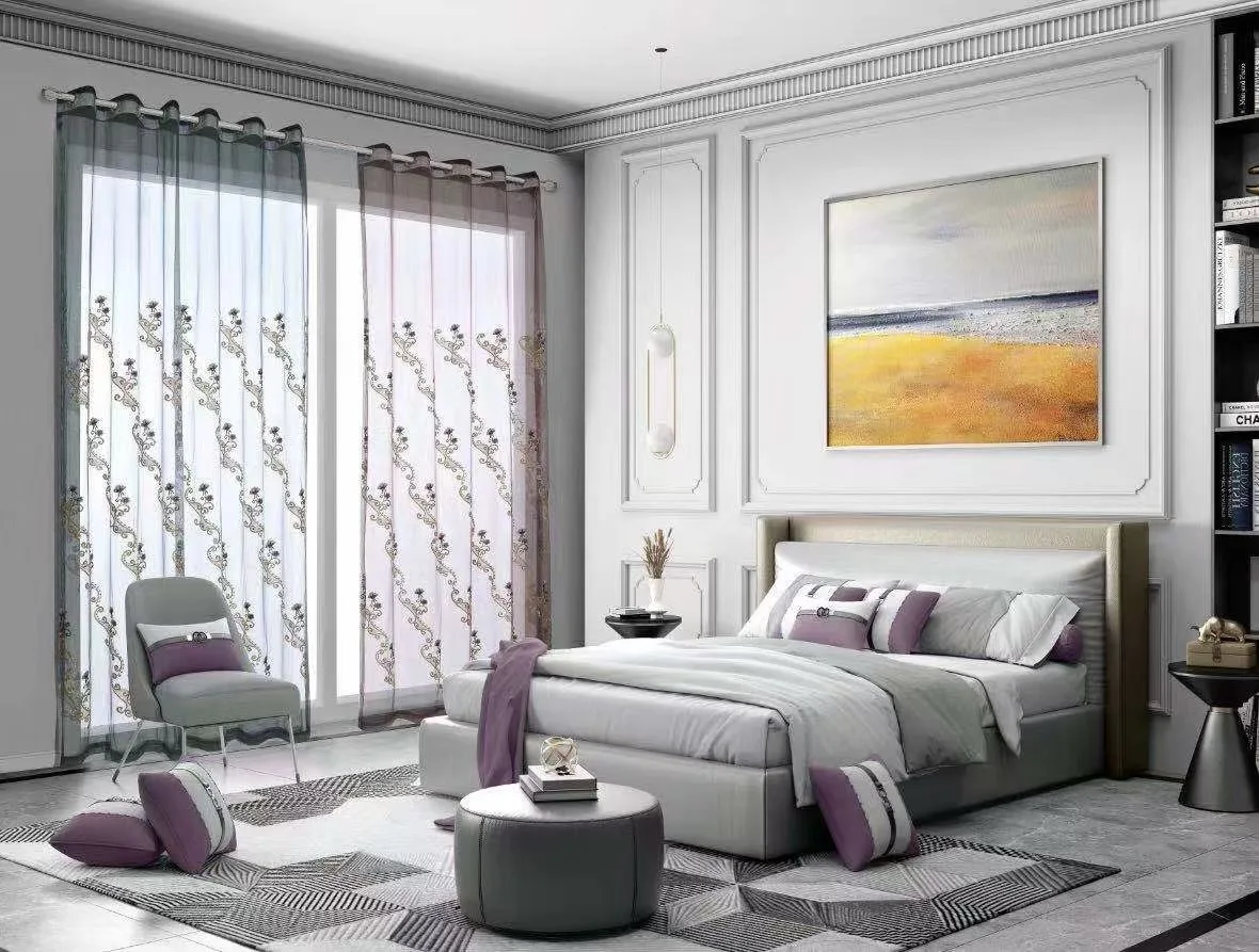 

European Purple Blue Peony Embroidery Sheer Curtains Elegant Water-soluble Embroidery Lace Tulle Curtain For Living Room