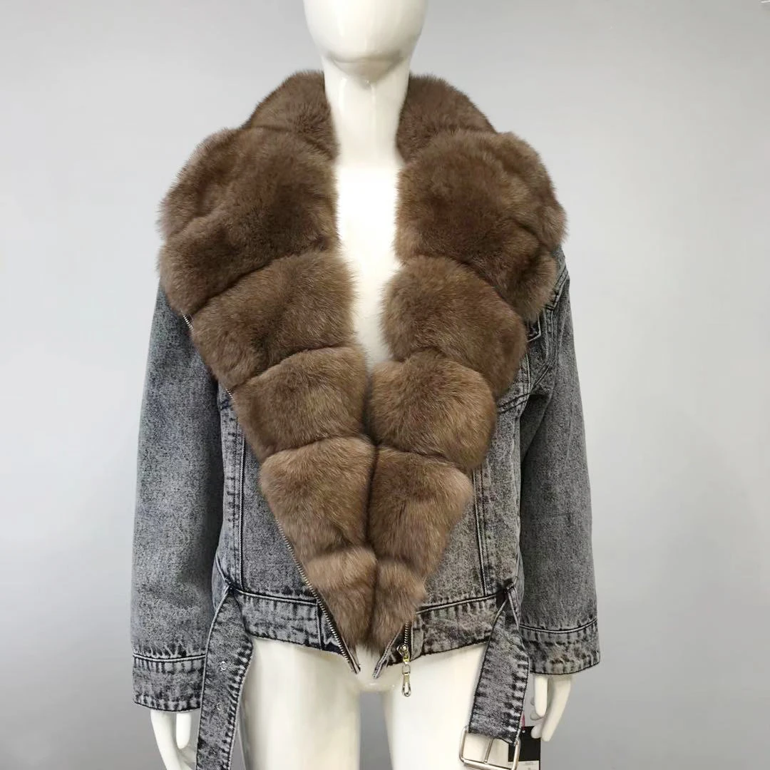 2022 New Real Fox Fur Coat Women Winter High Quality Natural Denim Jacket With Fox Fur Collar Trendy Woman Genuine Fur Jacket
