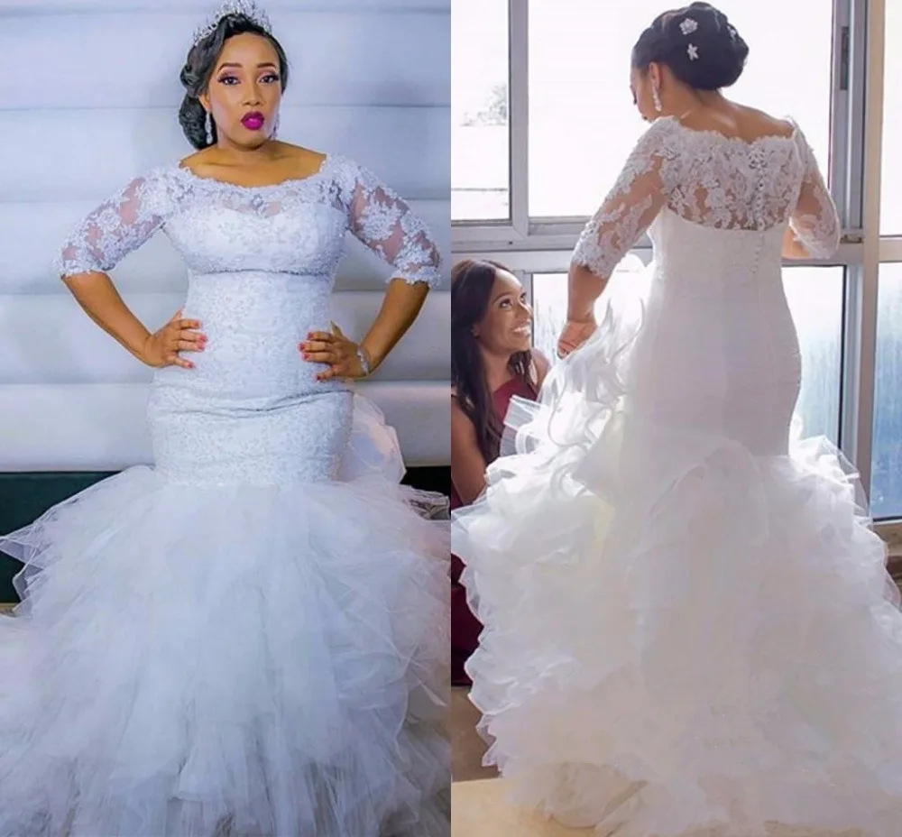 

Sexy Lace Mermaid Wedding Dresses with Half sleeve Plus Size Tiered Cascading Ruffles African Bridal Gowns New Arrival 2021