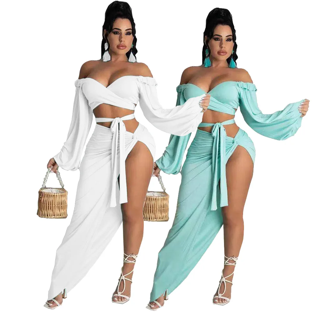 

Chiclover Женский комплект из двух предметов с длинным рукавом-фонариком на шнуровке без бретелек Топ с рюшами юбка костюм оптовая продажа трик...