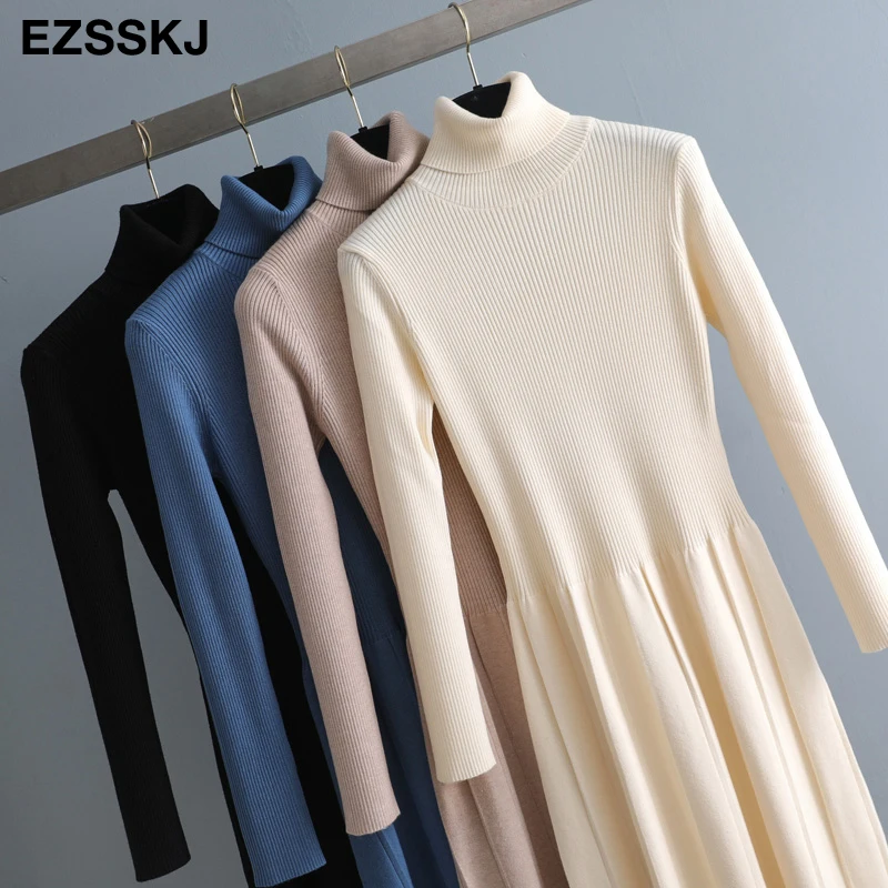 Осень-зима 2020 длинное платье-свитер с круглым вырезом женское базовое теплое