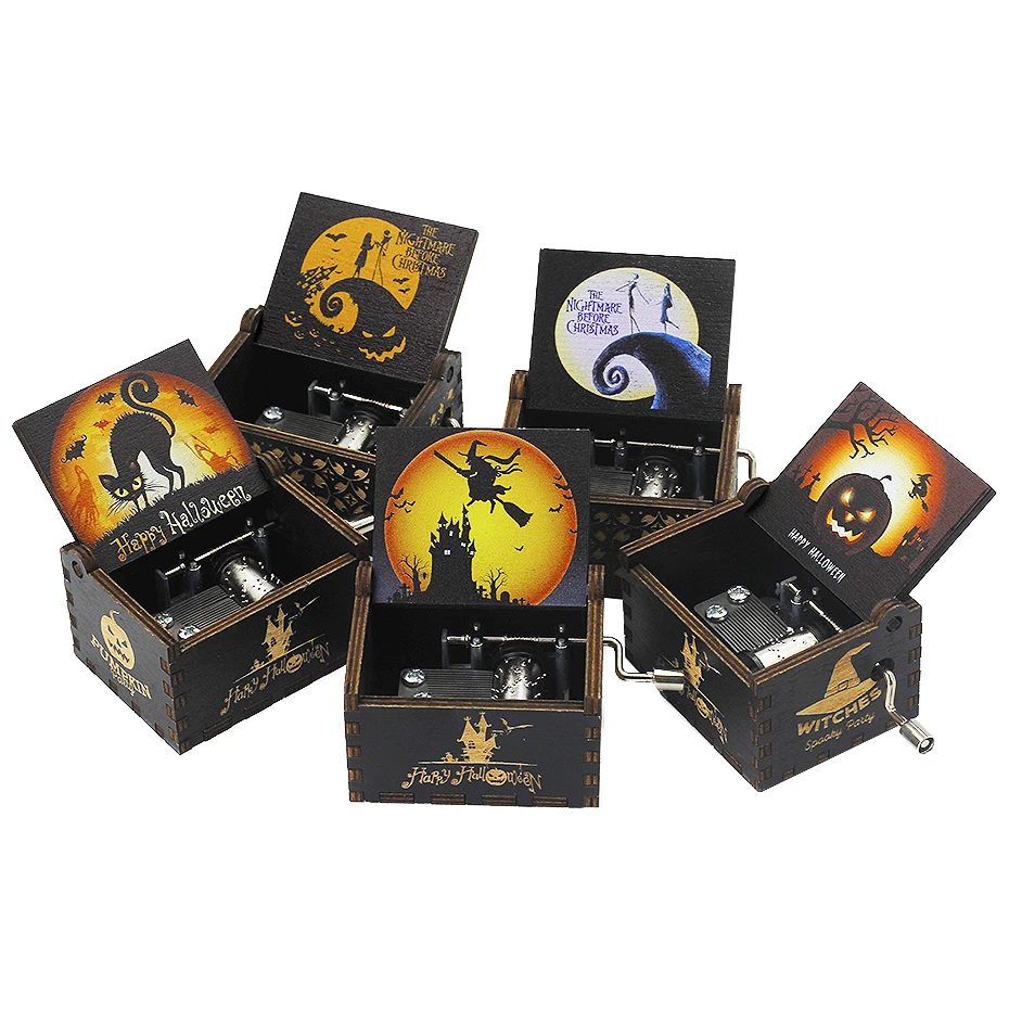 

Direct selling creative wood carving music box beast and beauty Jurassic Park hand-cranked music box Christmas Halloween gif