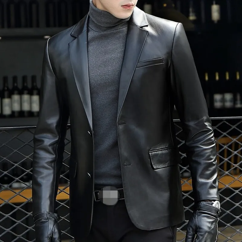 Брендовый черный блейзер из натуральной кожи мужское деловое осеннее тонкое