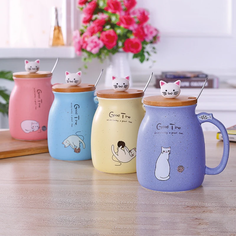 Hot Color With Lid Cup Kitten Milk Coffee Ceramic Mug Children Cartoon Sesame Cat Heat-resistant | Дом и сад