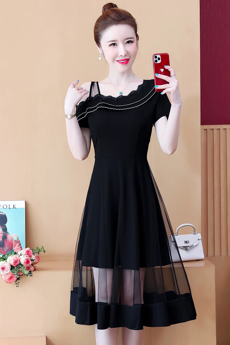 

COIGARSAM 5XL Plus Size Ruffles Women one-piece dress korean Summer Patchwork Mesh Dresses 9207