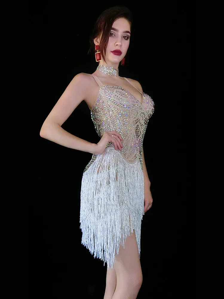 Sexy White Tassel Rhinestones Sling Bodysuit Female DJ Latin Modern Pole Dance Competition Performance Fringe Costume Stage Wear