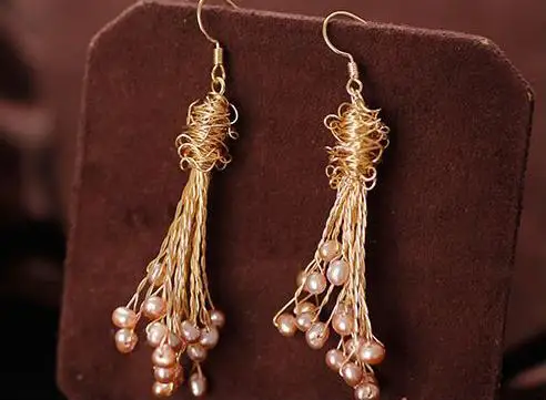 Серьги-ветки с натуральным пресноводным жемчугом 14 золотых плиссированных