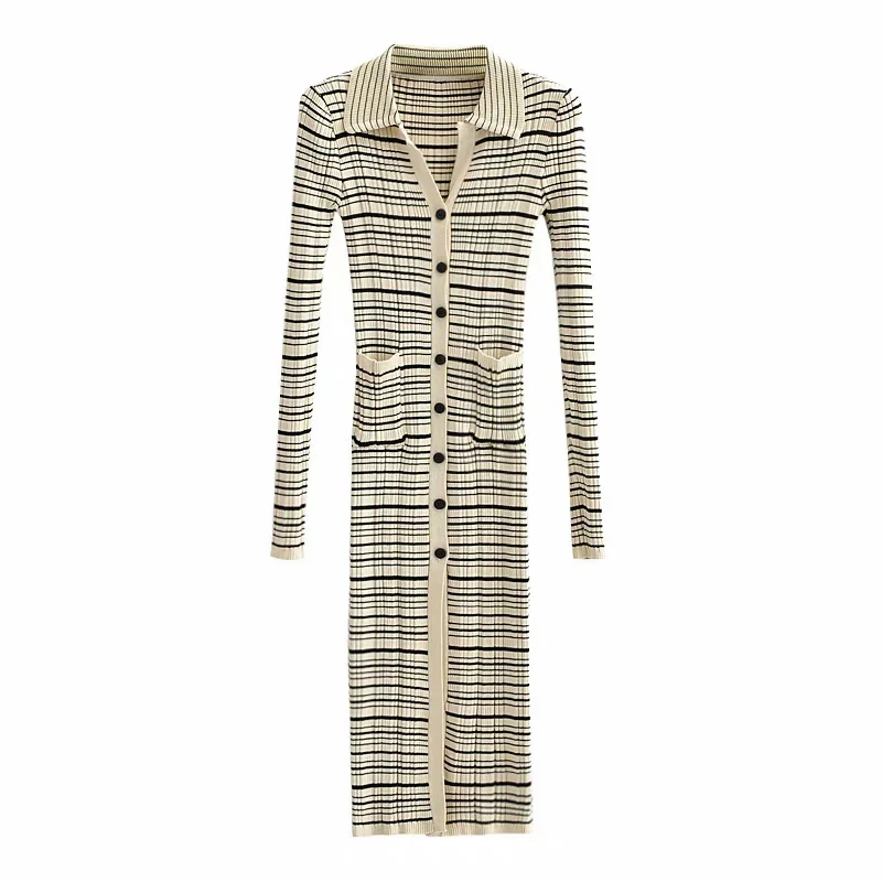 

Casual Woman Pocket Lapel Long Sleeve Slim Striped Midi Knit Dress 2021 Fashion Female Autumn elegant single breasted dress