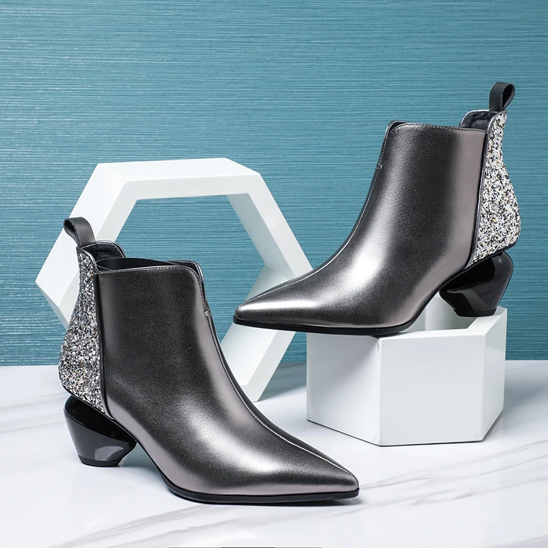 

Women Winter Ankle Boots New Elegant Pointed Toe Strange High Heels Shoes Woman Genuine Leather Chelsea Boots Shoes