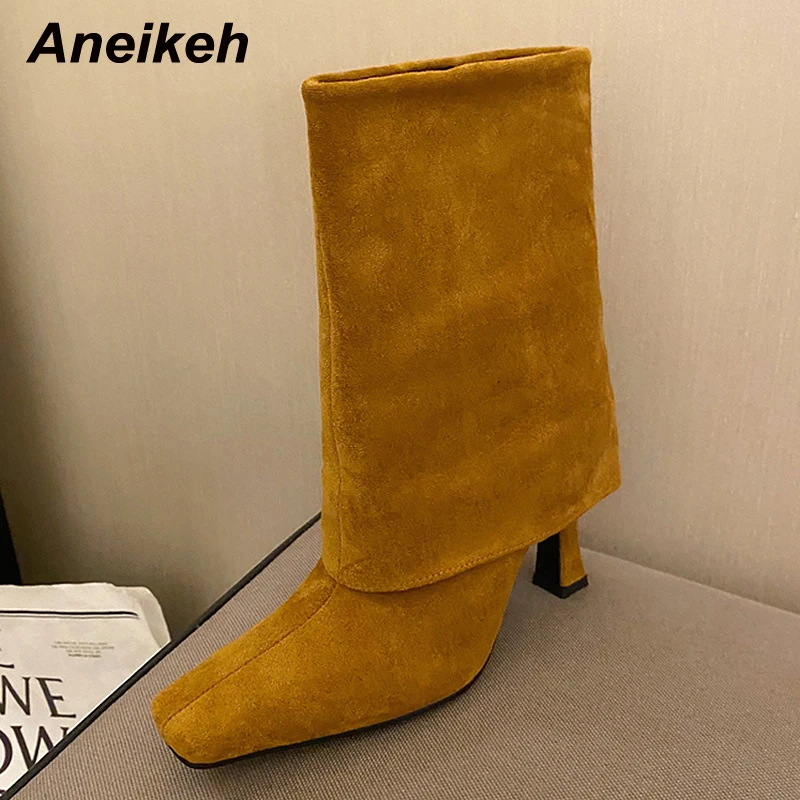 

Aneikeh Winter 2021 Chelsea Boots Women Shoes Turned-over Edge Slip-On Thin Heels Mid-Calf Flock Fashion Party Casual Size 35-40