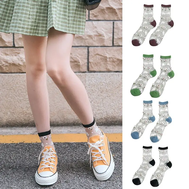 

Women Ultra-Thin Transparent Glass Fiber Ankle Socks Sweet Daisy Floral Hosiery