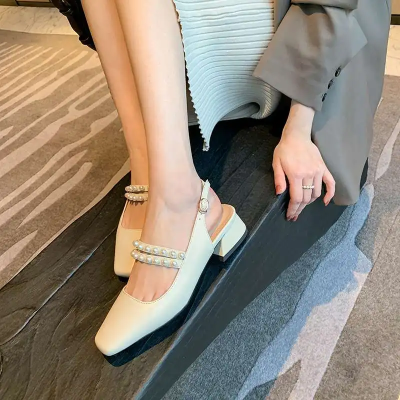 

Krazing Pot genuine leather square toe med heel pearl decoration Mary janes buckle strap beauty lady dance party women pumps L71