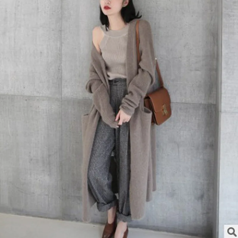 Осенне зимний свитер женский вязаный кардиган средней длины пальто с длинными