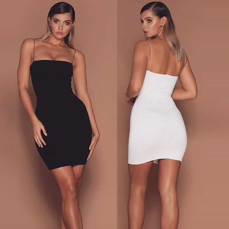 

Sexy Robe Woman Straps Slim Sleeveless Halter Stretch Mini Dress 2020 Summer Women Dress White Black Spaghetti Strap Vestidos