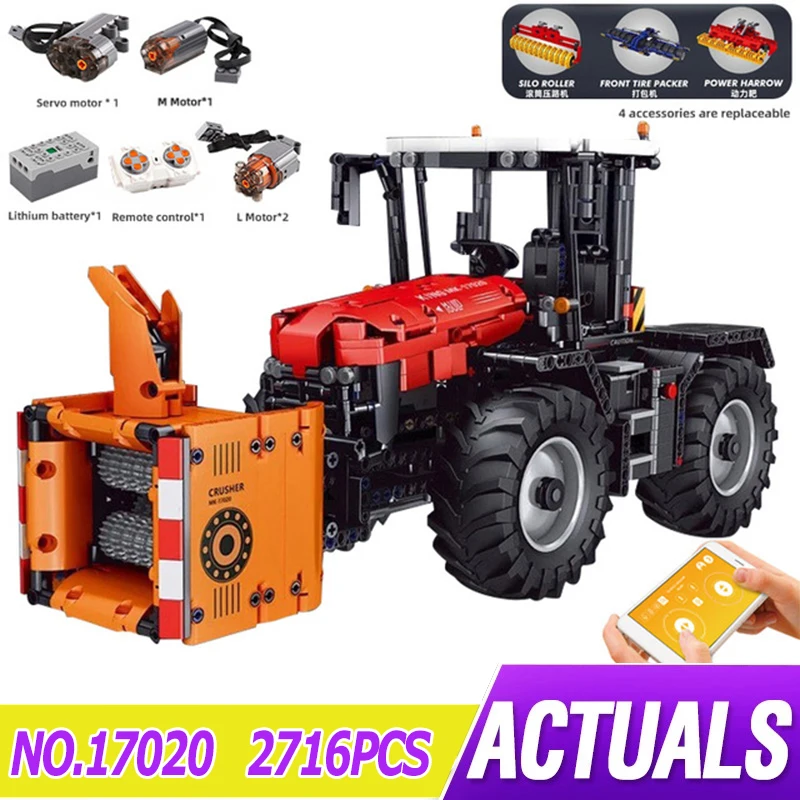

MOULD KING 17020 APP High Tech Car Toys The RC Motorized Trator With Roller Packer Harrow Building Blocks Part Kids Gift