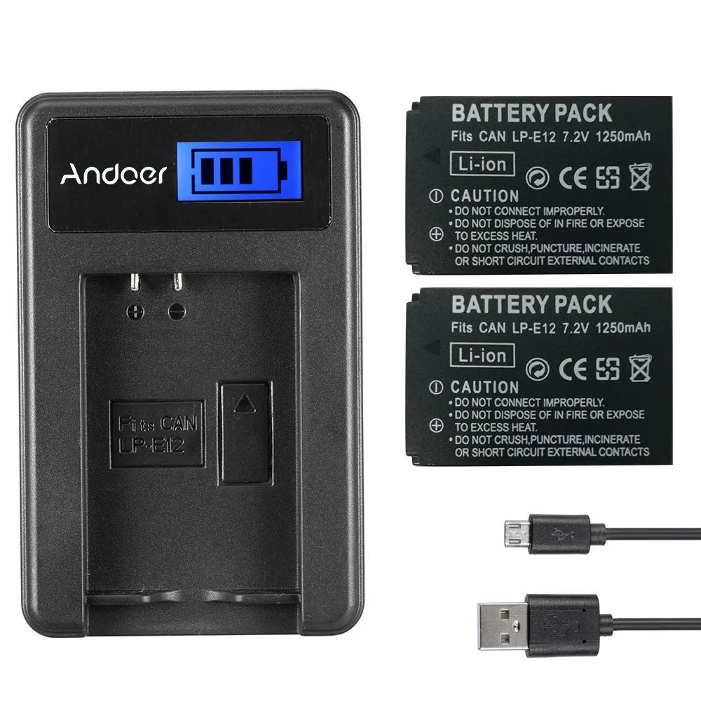 Andoer LP E12 2 шт 7 4 в 1200 мАч перезаряжаемая батарея с ЖК дисплеем зарядный комплект USB